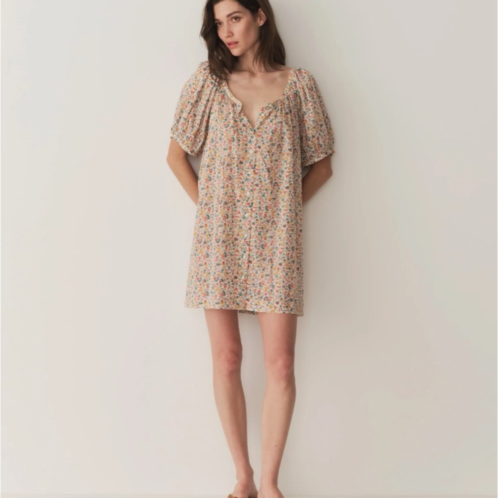 Doen Cream Multicolor Floral Puff-Sleeve Mini Dress